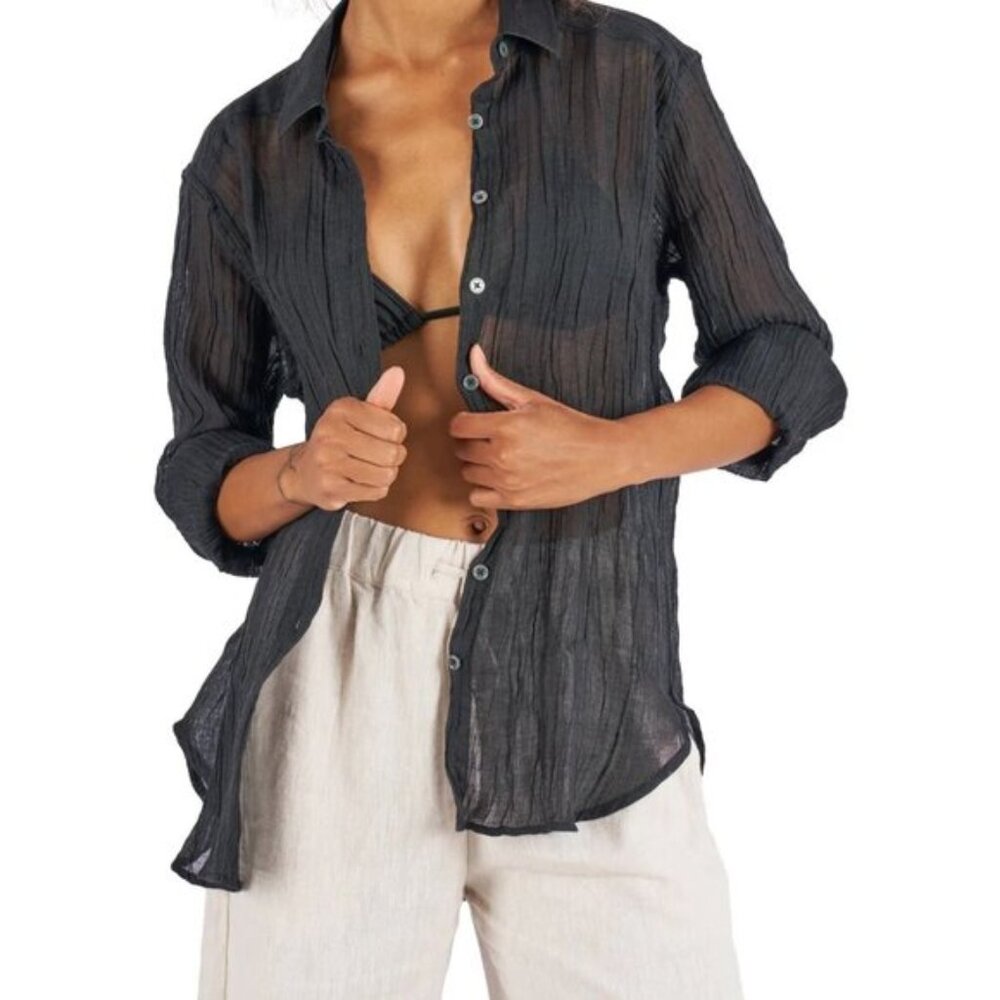 Mandarin Collar Sheer Button Down Long Sleeve Shirt Black - Picture 1 of 5